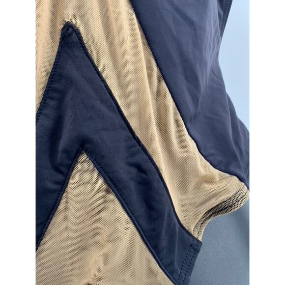 PD Women's Black-Beige Chevron Mesh V-Neck Back Lace-Up One-Piece Leotard SZ XS - Picture 6 of 10